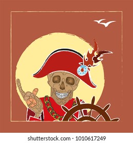 Skeleton in the clothes of a pirate stands at the helm in the background of the Moon. Vector Illustration