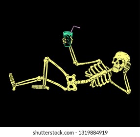 SKELETON WITH COCKTAIL COLOR BLACK BACKGROUND