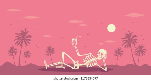 SKELETON WITH COCKTAIL PALMTREE TROPICAL PINK BACKGROUND
