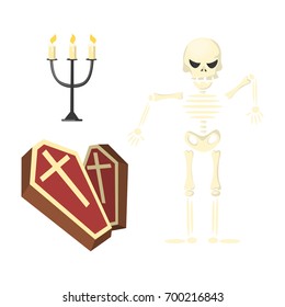 Skeleton with coffin and candles on white background. Halloween concept.