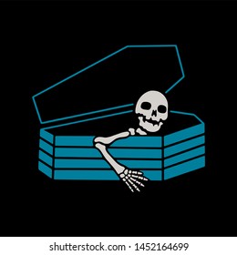 Skeleton in coffin color on black background