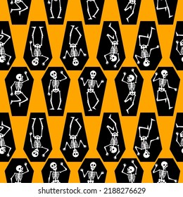 Skeleton In Coffin, Creepy Halloween Seamless Pattern. Funny And Spooky Autumn Decoration In Orange, White And Black Colors. Holiday Wallpaper, Wrapping, Textile, Fabric, Backdrop, Background