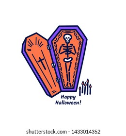 Skeleton in a coffin with the inscription happy halloween. Cute Halloween card in doodle style. Vector illustration.