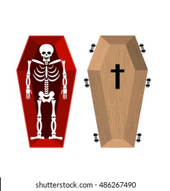 Skeleton in coffin. Open casket and skull and bones. Illustration for halloween