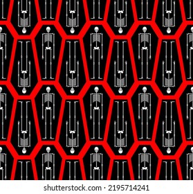 Skeleton and coffin pattern seamless. Dead Man in a tomb background. Vector texture