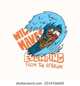 Un esqueleto en un ataúd y surfeando en grandes olas. Conveniente para el diseño de la camiseta, cartel, impresión, etc