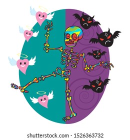 Skeleton colorful between good and evil vector image, illustration cartoon