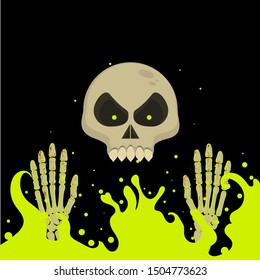 skeleton coming out of green hell fire with hands in the blood vector Halloween illustration, scary skull and acid