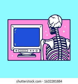 SKELETON AND COMPUTER COLOR BLUE BACKGROUND