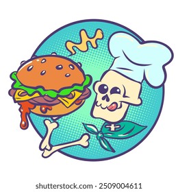 Cocinero esqueleto sosteniendo una hamburguesa con queso. Festividad mexicana Día de Muertos y mascota de restaurante. Platos temáticos de Halloween. Dibujo a mano de Ilustración vectorial retro de arte pop de dibujos animados cómicos. En un blanco