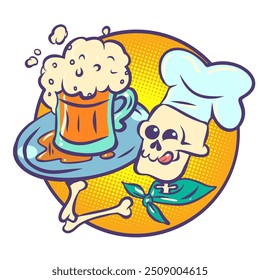 Cocinero esqueleto sosteniendo cerveza espumosa. Festividad mexicana Día de Muertos y mascota de restaurante. Publicidad para un bar o restaurante. Dibujo a mano de Ilustración vectorial retro de arte pop de dibujos animados cómicos. En un blanco