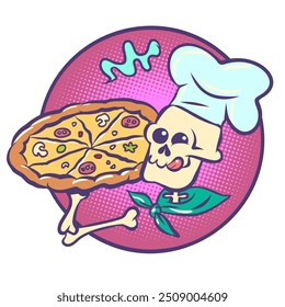 Cocinero esqueleto sosteniendo un plato con pizza. Festividad mexicana Día de Muertos y deliciosa comida. Platos temáticos de Halloween. Dibujo a mano de Ilustración vectorial retro de arte pop de dibujos animados cómicos. En un blanco