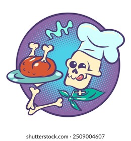 Un cocinero esqueleto sostiene un plato con pollo cocido. Festividad mexicana Día de Muertos y deliciosa comida. Comida caliente para Halloween. Dibujo a mano de Ilustración vectorial retro de arte pop de dibujos animados cómicos. En