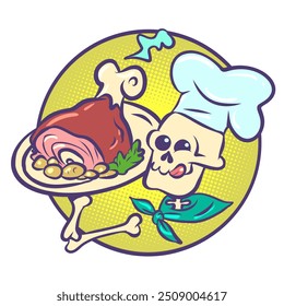 El cocinero esqueleto sostiene un plato con carne sabrosa. Festividad mexicana Día de Muertos y deliciosa comida. Logotipo del restaurante o del snack bar. Dibujo a mano de Ilustración vectorial retro de arte pop de dibujos animados cómicos. En un blanco