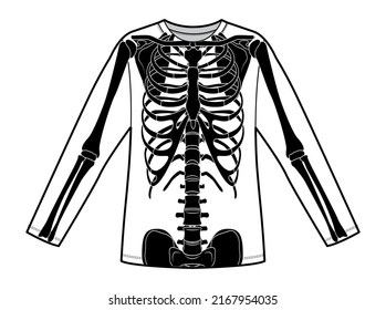 Skeleton costume Human bones on longsleeve front view men women for Halloween, festivals for printing on clothes for Day of the dead flat black color concept Vector illustration of anatomy isolated