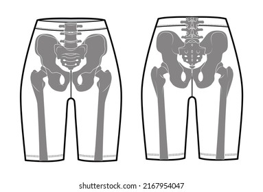 Skeleton costume Human bones on Bike shorts front back view men women children for Halloween, festivals for printing on clothes flat grey color concept Vector illustration of anatomy isolated