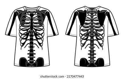 Skeleton costume Human bones on t-shirts front back view men women, children for Halloween, festivals for Day of the dead flat black color concept Vector illustration of anatomy isolated