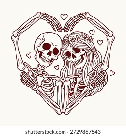 Skeleton Couple Forming Heart Shape Illustration, Dark Romance Valentine Line Art