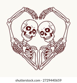 Skeleton Couple Heart Shape Illustration, Romantic Skull Lovers Forming Love Symbol, Gothic Valentine Skeleton Art