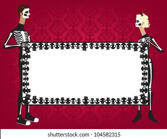 Skeleton Couple Holding Banner