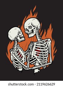 Skeleton couple hugging and kissing in fire. Isolated dead lovers valentines day vector illustration.