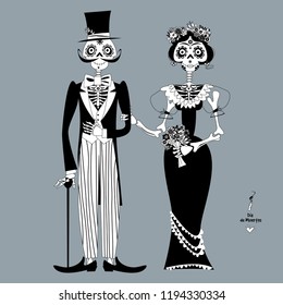 Una pareja de esqueletos enamorados. Dia de Muertos. La tradición mexicana. Blanco y negro. Ilustración vectorial.