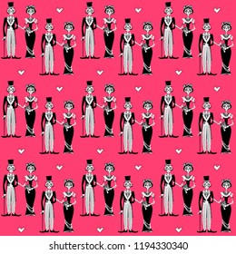 Skeleton couple in love. Dia de Muertos. Mexican tradition. Seamless background pattern. Black and white. Vector illustration.