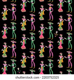 Skeleton couple in love. Dia de Muertos. Seamless background pattern. Vector illustration

