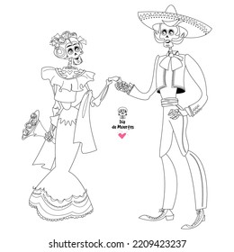 Skeleton couple in love. Dia de Muertos. Mexican tradition. Сoloring page. Vector illustration

