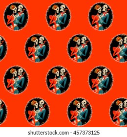 Skeleton couple in love. Dia de Muertos. Mexican tradition. Seamless background pattern. Vector illustration