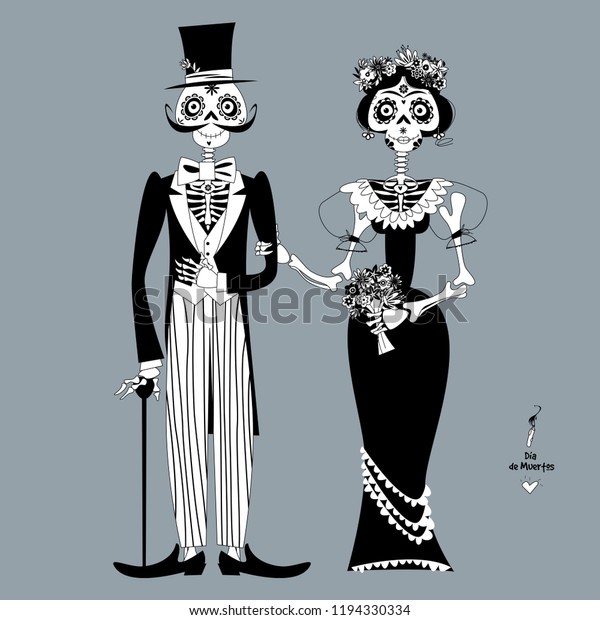 恋をしている骸骨の夫婦 ディア デ ムエルトス メキシコの伝統 白黒 ベクターイラスト のベクター画像素材 ロイヤリティフリー