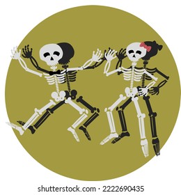 A skeleton couple man and woman dancing together under the spot light. Skeletons of the bride and groom in love. Traditional mexican holiday Dia de Muertos. Cartoon vector illustration.