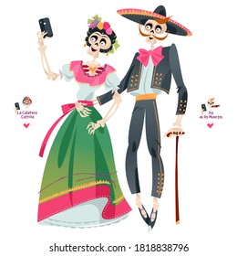 Skeleton couple takes a selfie. Dia de Muertos (Day of the Dead). Vector illustration