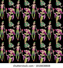 Skeleton couple takes a selfie. Dia de Muertos (Day of the Dead). Seamless background pattern. Vector illustration
