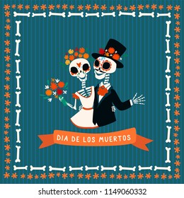 Skeleton couple wedding. Traditional mexican holiday Dia de Muertos. Vector flat cartoon illustration.