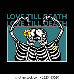 skeleton couples in love with flowers on head / love till death t-shirt design / skull love vector illustration