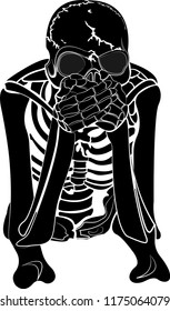 The skeleton covers the mouth with hands. Vector illustration