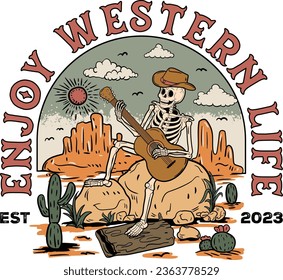 Skeleton cowboy and guitar, Vintage western illustration, Skeleton, Skull logo, Enjoy western life, Wildlife.