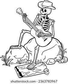 Skeleton cowboy and guitar, Vintage western illustration, Skeleton, Skull logo, Enjoy western life, Wildlife.