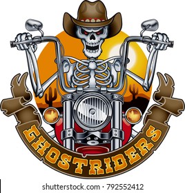 skeleton with cowboy hat riding motorcycle