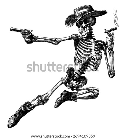 skeleton cowboy isolated hand drawn sketch classic wide-brimmed western hat cowboy boots holding revolver cigarette in hand wild west halloween card design element line art detailed illustration