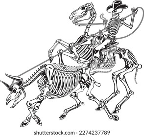Skeleton cowboy on skeleton horse catching skeleton bull with lasso svg