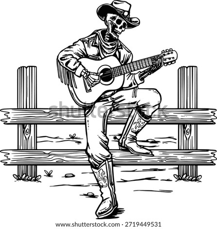 Skeleton Cowboy Playing Guitar Western Folk Music Line Art Illustration