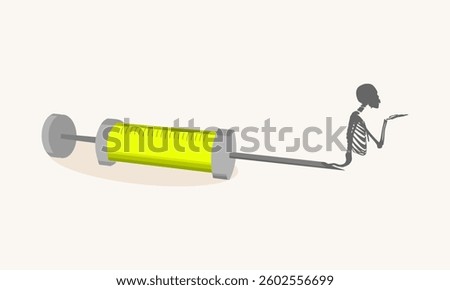 Skeleton crawls out of syringe. Abstract image relative to drugs addiction. Pharmacy and medicaments.