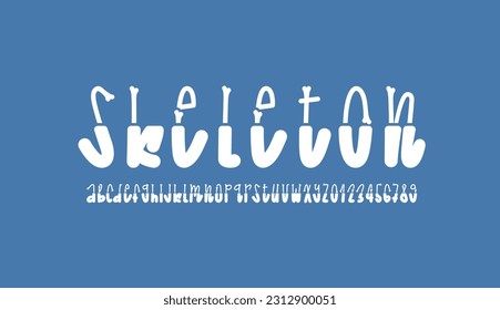 Skeleton creepy font, alphabet in the horror style, cartoon zombie letters and numbers made in bones, vector illustration 10EPS