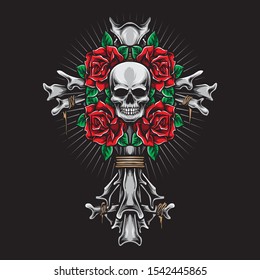 skeleton cross with roses vector