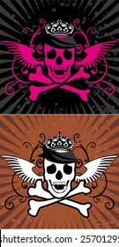 skeleton with crown and wings.