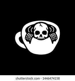 Skeleton And Cup Of Coffee On Black Background