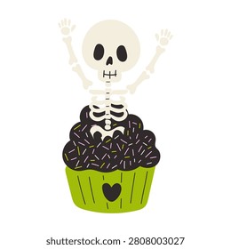 Skeleton cupcake, Halloween party dessert isolated on white background. Festive cupcake decorated with chocolate frosting and a cheerful skeleton topper, ideal for bakery branding, greeting cards, party invitations, autumn celebrations, printable decorations, stickers, seasonal packaging, children's projects, apparel, and holiday designs.
