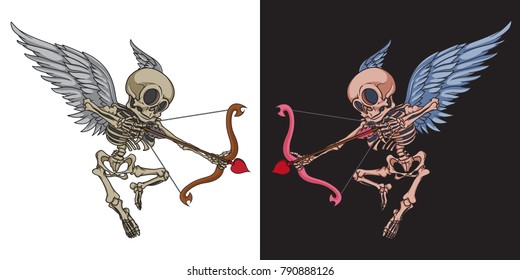 Skeleton cupid mascot. Vector handcrafted illustration of cupid skeleton with angel wings, bow and cupid arrow. Good for greeting cards, banners, stickers, t-shirts and posters.  